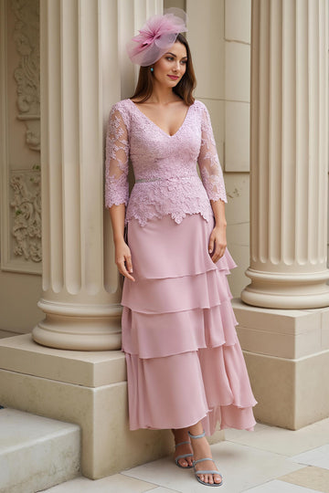 Fard à joues A-Trap V-Neck Evenement Robe Mère de la Mariée avec Appliques de Dentelle
